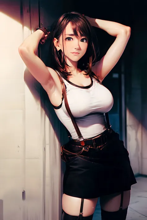 a black skirt, Tank Tops　suspenders, Brown hair short, Gray eyes, holster, Garter belt on the legs, Big breasts and tight clothes, 　　 a belt　Armpit sweat　Fold your hands behind your head　deadpan