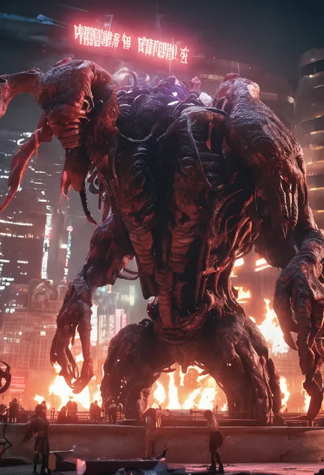 Cinematic texture，Invading aliens，Beef noodles，uncanny， tentaculata，Blood，Full body like，combats，The city was destroyed，of a real，Facial features are carefully depicted，Realistic skin texture，Dark style，depth of fields，high light，Real light，Ray traching，oc...