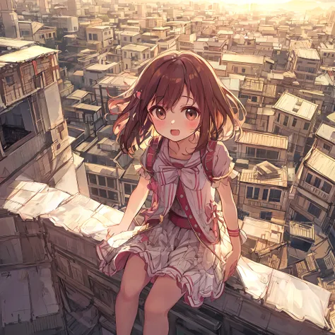 absurderes, hight resolution, (Anime style:1.1), ((masutepiece)), ((Best Quality)), (Ultra-detailed), (Beautiful), 独奏, Beautiful face、(liftup),Cute little girl looking down from the top of a super huge building,Wind,thin brown hair, eyes are brown,Laugh,Lo...