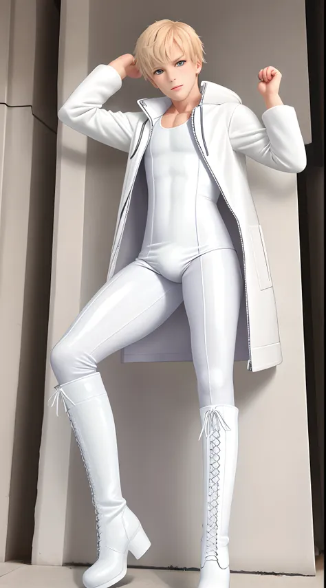 schoolboy，White latex coat，youth，Male characters show their faces，Full body latex set，One-piece latex garment，musculous，large muscle，fully body photo，Sexy tights，Wear latex clothing all over，Shiny latex coat，Over-the-knee boots，Flat boots