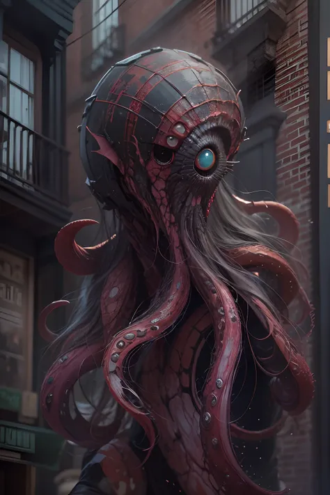 Cinematic texture，Invading aliens，Beef noodles，uncanny， tentaculata，Blood，Full body like，combats，The city was destroyed，of a real，Facial features are carefully depicted，Realistic skin texture，Dark style，depth of fields，high light，Real light，Ray traching，oc...