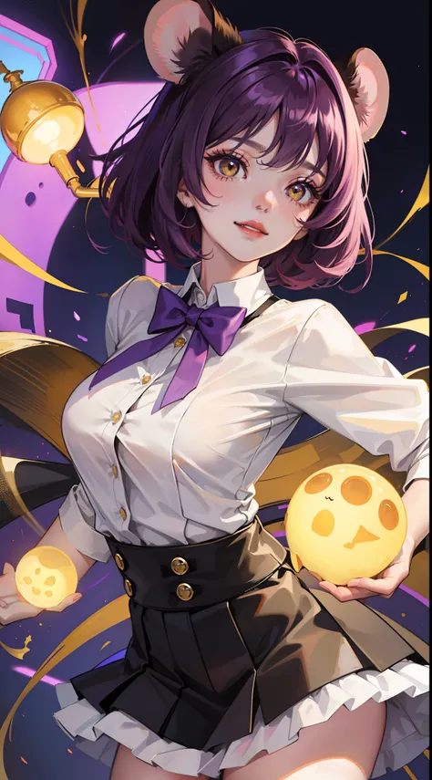 young girl, short purple hair, Yellow eyes, Mouse ears, tight white shirt with bow tie, tight black skirt, open breasts, Languid look, Lustful smile, Masterpiece, hiquality