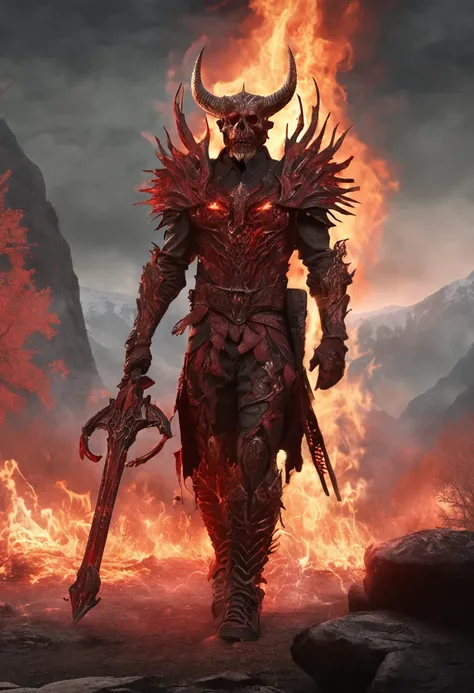 jasonmartin; award winning full body portrait of diablo, in front of hells gate, with a broadsword, fire ambers, horns on head in flames, lost souls,blood and gore outrun, vaporware, digital art, trending on artstation, highly detailed, fine detail, intric...