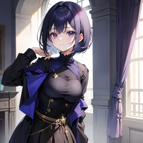 Female, short dark blue-purple hair with gray strands, bob hairstyle, gray eyes, French royal strict suit, calm look and calm smile, many details