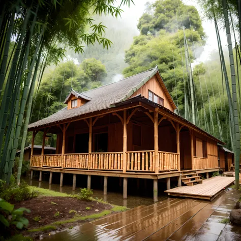 In the bamboo forest in the light rain sits a wood-paneled house, and there are a few teacups in the room, steaming hot and raining