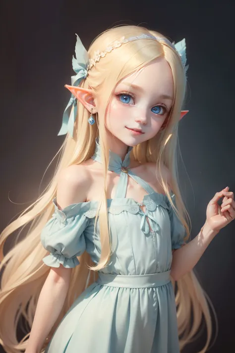 (Best Quality, masutepiece:1.2),1 girl,Solo,Long hair,a blond,elf_ear,Light blue dress,elf,3 age old,Very delicate eyes and face,Eyes with beautiful details,Smile,(Petite,skinny,slender:1.2)