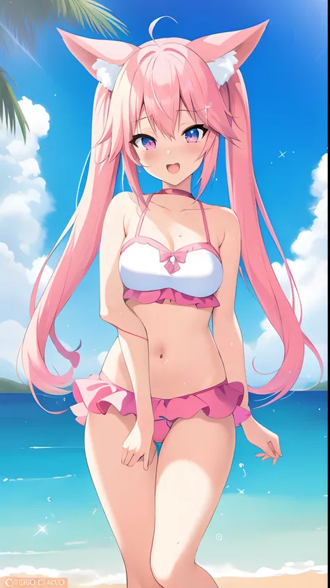 Anime girl in bikini on the beach with cat ears, Seductive Anime Girl, wearing a swimming wear, small curvy loli, pink twintail hair and cyan eyes, humanoid pink female squid girl, Swimsuit, (Anime Girl), pretty anime girl, anime moe art style, in beach, i...