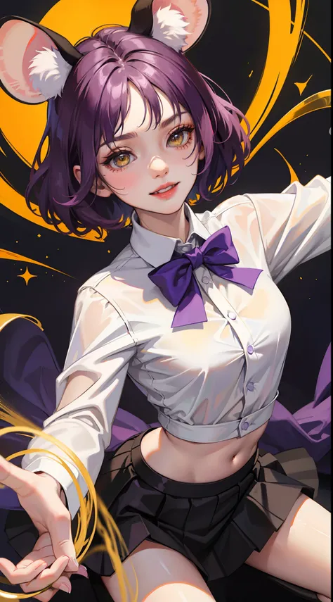 young girl, short purple hair, Yellow eyes, Mouse ears, tight white shirt with bow tie, tight black skirt, open breasts, Languid look, Lustful smile, Masterpiece, hiquality