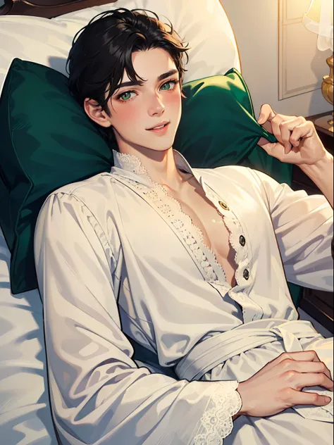 (1male, very short black hair, green eyes, half lidded eyes, parted lips, seductive smile, blushes, pretty face), ((detailed face)), lying, bed, slim waist, lace robe,