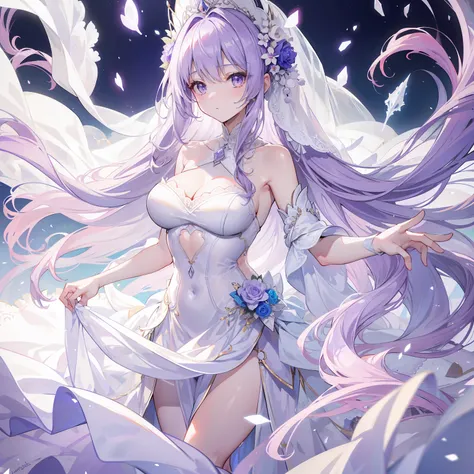 Light lilac fluffy and sparse long hair，Liquid crystal class，The wedding dress is as clear as a tassel，Very nice and beautiful young lady，Wedding dress，There is a looming hazy beauty