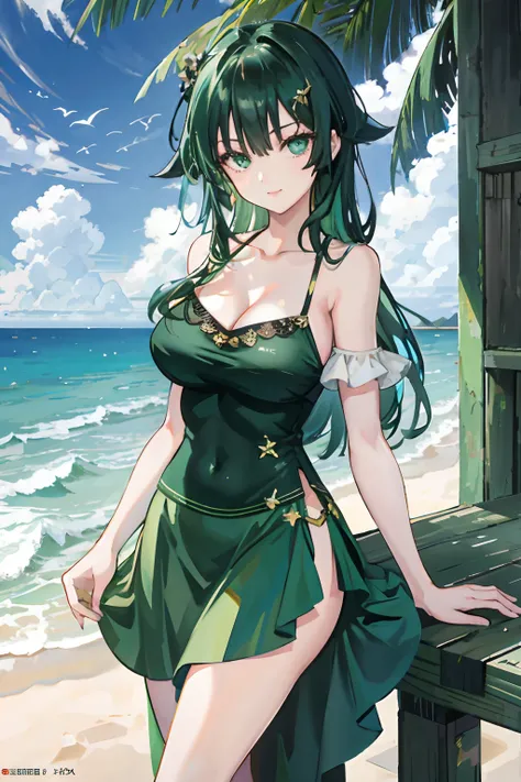 "one-girl，masterpiece level work，Best Picture Quality，Facing the camera，cleavage，ssmile，green skirt，Raised sexy，look straight at the camera，long whitr hair，perfect bodies，beachside，Green hair，Off-the-shoulder attire。Large breasts