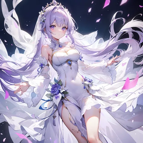 Light lilac fluffy and sparse long hair，Liquid crystal class，The wedding dress is as clear as a tassel，Very nice and beautiful young lady，Wedding dress，There is a looming hazy beauty