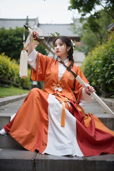 A woman in an orange and white dress sits on the steps with a sword, Hanfu, White Hanfu, Palace ， A girl in Hanfu, Wearing ancient Chinese clothes, with acient chinese clothes, Traditional Chinese clothing, Chinese costume, traditional garb,