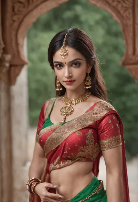 ((realistic:1.5)),((best quality)), ((masterpiece)),((detailed)), (1girl), {a beautiful woman wearing a Sari}, (upper body:1 ,3),super-wide-angle lens, face focus, mature, sexy, toned muscles, long legs, curvy, barefoot, medium breasts, open cleavage, sagg...