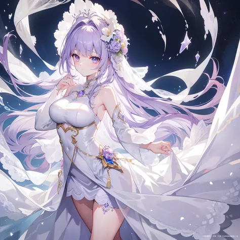 Light lilac fluffy and sparse long hair，Liquid crystal class，The wedding dress is as clear as a tassel，Very nice and beautiful young lady，Wedding dress，There is a looming hazy beauty