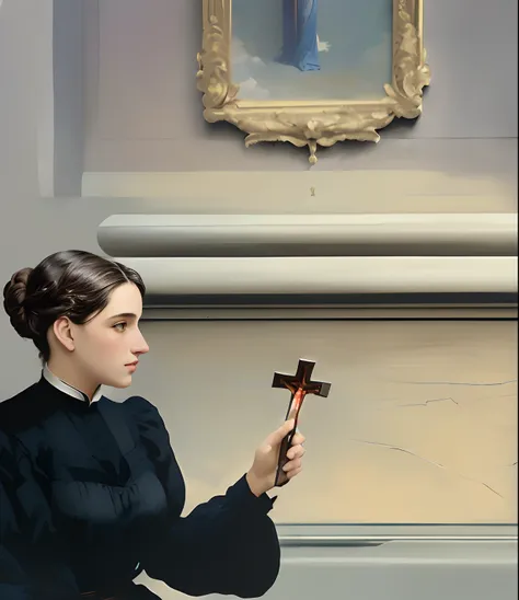 pintura de uma mulher segurando uma cruz e um livro na frente de uma pintura, inspirado em Francesco Hayez, em uma igreja. arstation, pintado digitalmente, inspirado em William-Adolphe Bouguereau, inspirado em Ivan Kramskoi, no altar, inspirado em Francisc...