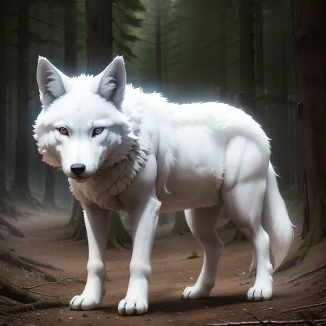 Common wolf, in the woods, white wool, albino, Cyan eyes