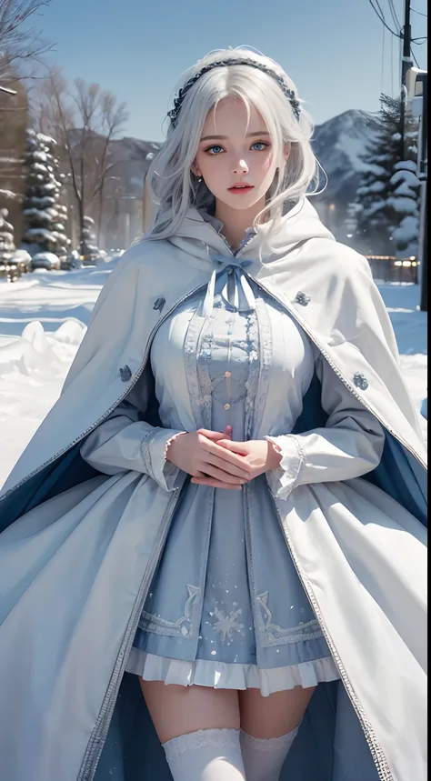 Photorealistic, high resolution, 1 Women, Solo, (Lolita costume)，Gorgeous costumes，Face the audience，The upper part of the body，upper legs， beautidful eyes, White hair, ringed eyes, (outside，Heavy snowfall，Cloak，Cover with snow)，snowfield，Blue eyes，Illustr...