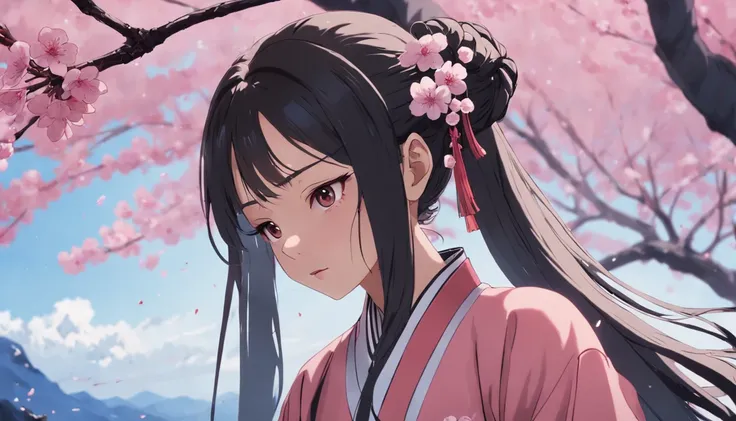 tmasterpiece，best qualtiy，cinematic Film still from，1girll，Cloud Girl，Stand under a peach blossom tree,Tied，closeup cleavage，grieves，weeping，wearing a hanfu,Long hair tied behind him