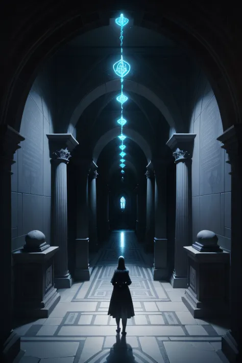 isometric view, an image of a beautiful woman standing in front of an entry to a atmospheric,mystic,abyssal,creepy,uncanny,spooky,haunted,scary,urged by dim light labyrinth, a winding path and corridors in a maze that can symbolize the challenges people fa...