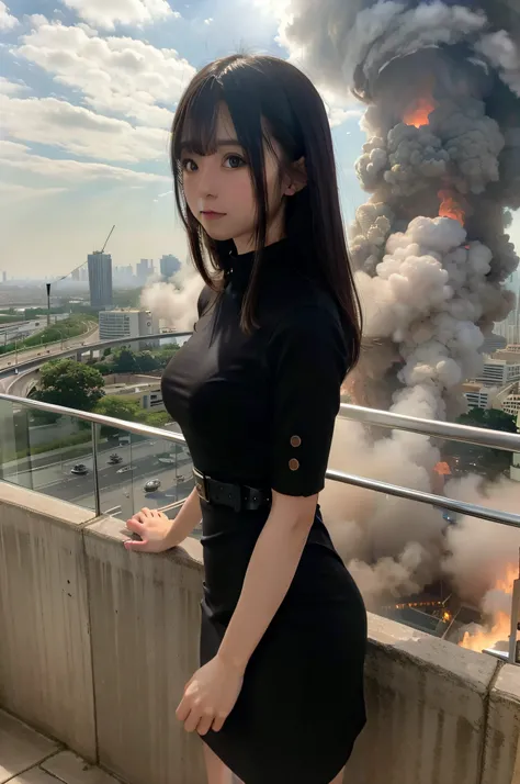 Giantess usando vestido curto, GTS cidade do ano 3000, City buildings, smoke billowing, nuvem, tornado, raios, Evil, realistic lighting, salto em altura, de baixo,