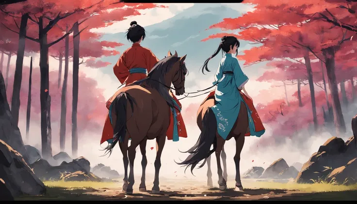 tmasterpiece，best qualtiy，cinematic Film still from，1 boy holding 1 girl on horseback,Wearing ancient Chinese Hanfu,No faces