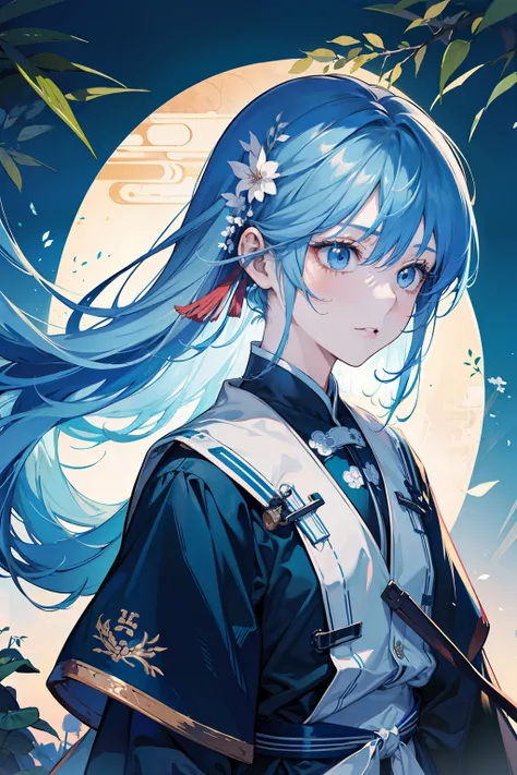 Masterpiece, Best Quality, Official Art, 8k Wallpaper, Very Detailed, Illustration, 1 Girl, Sky Blue Hair, Long Hair, Detailed Eyes, Forrest Gump, Bare Shoulders, Hanfu, Lake, Pure, Soft Smile, bamboo, tea