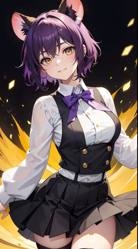 young girl, short purple hair, Yellow eyes, Mouse ears, tight white shirt with bow tie, tight black skirt, open breasts, Languid look, Lustful smile, Masterpiece, hiquality