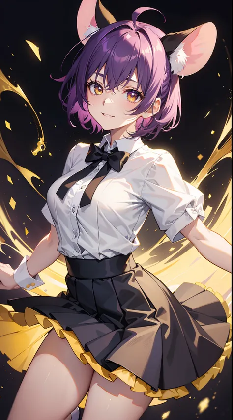 young girl, short purple hair, Yellow eyes, Mouse ears, tight white shirt with bow tie, tight black skirt, open breasts, Languid look, Lustful smile, Masterpiece, hiquality