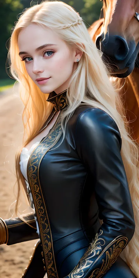 Photo of a 20-year-old European girl, raw, Beautiful woman, (long blonde hair on the back１Tied to one), ((Portrait)), ((Detailed face:1.2)), ((detailed facial features)), (finely detailed skin), pale skin,Alongside horses、Riding attire、A sexy(riding outfit...