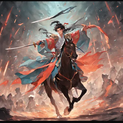 Best quality, Masterpiece, 超高分辨率, (photograph realistic:1.4),  Dream-like,fusionart, A man holds a sword, Handsome Asian face Twenty-seven years old, Draw Lü Bu riding a horse, holding a halberd, with his cloak billowing and the horse lifting its front two...