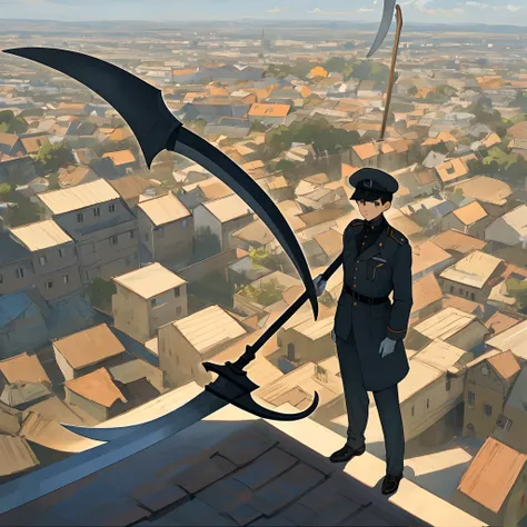 boy in uniform holding a scythe and standing on the roof