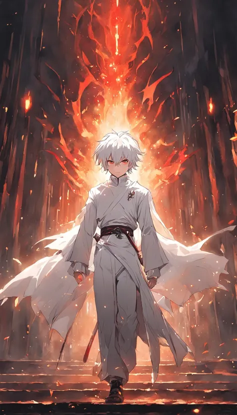 (masterpiece) In the medieval fantasy world, a dynamic and epic scene unfolds as a boy with artfully combed white hair and red eyes walks confidently through a dark dungeon. His costume consists of a white suit that accentuates his powerful presence. In hi...