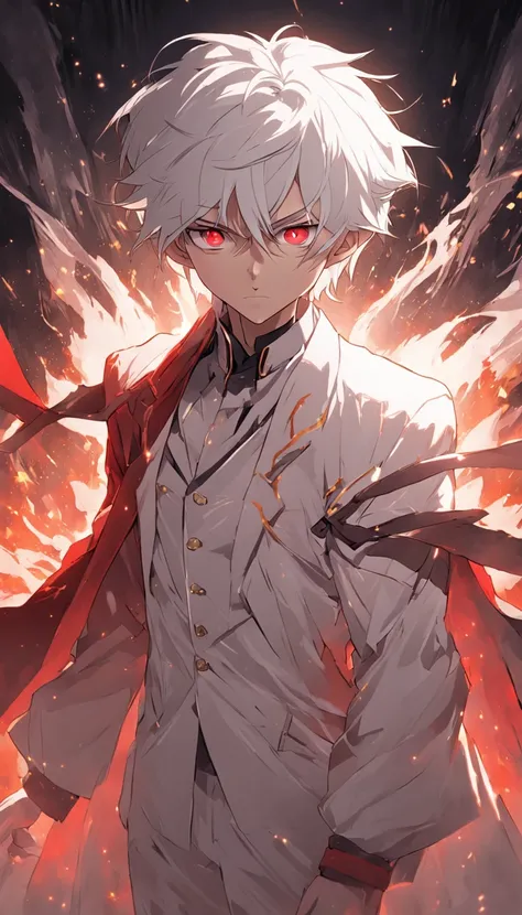 (masterpiece) In the medieval fantasy world, a dynamic and epic scene unfolds as a boy with artfully combed white hair and red eyes walks confidently through a dark dungeon. His costume consists of a white suit that accentuates his powerful presence. In hi...