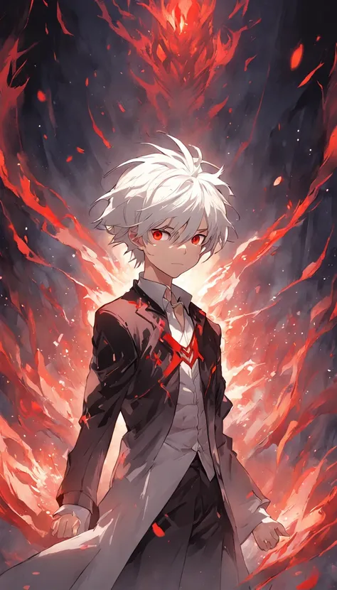 (masterpiece) In the medieval fantasy world, a dynamic and epic scene unfolds as a boy with artfully combed white hair and red eyes walks confidently through a dark dungeon. His costume consists of a white suit that accentuates his powerful presence. In hi...