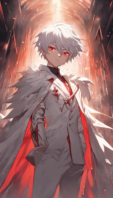 (masterpiece) In the medieval fantasy world, a dynamic and epic scene unfolds as a boy with artfully combed white hair and red eyes walks confidently through a dark dungeon. His costume consists of a white suit that accentuates his powerful presence. In hi...