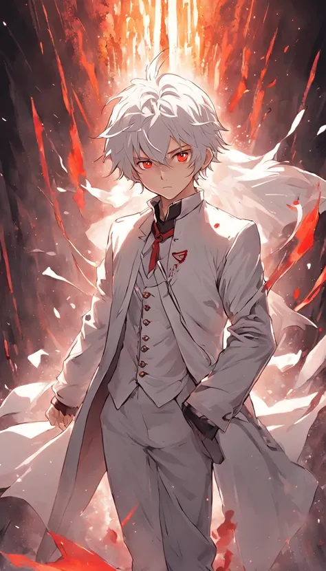 (masterpiece) In the medieval fantasy world, a dynamic and epic scene unfolds as a boy with artfully combed white hair and red eyes walks confidently through a dark dungeon. His costume consists of a white suit that accentuates his powerful presence. In hi...