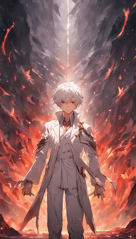 (masterpiece) In the medieval fantasy world, a dynamic and epic scene unfolds as a boy with artfully combed white hair and red eyes walks confidently through a dark dungeon. His costume consists of a white suit that accentuates his powerful presence. In hi...