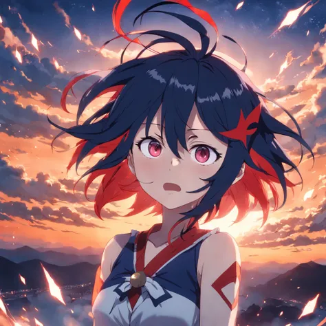 ryuko matoi, ,obra-prima, melhor qualidade, filme ainda, floating into the sky, close-up, brilhante, feliz, Soft lighting and Warm, sun sunset, (Sparks: 0,7)