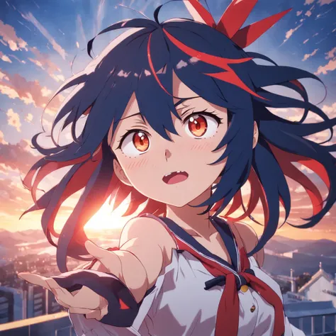 ryuko matoi, ,obra-prima, melhor qualidade, filme ainda, floating into the sky, close-up, brilhante, feliz, Soft lighting and Warm, sun sunset, (Sparks: 0,7)