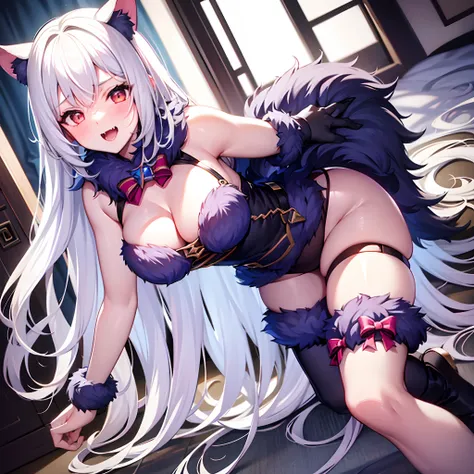 Best quality, highest resolution, 1 girl, solo, dangerous_beast costume, blush, white knee-high socks, on_all_fours, white hair, long hair, fangs, perfect anatomy