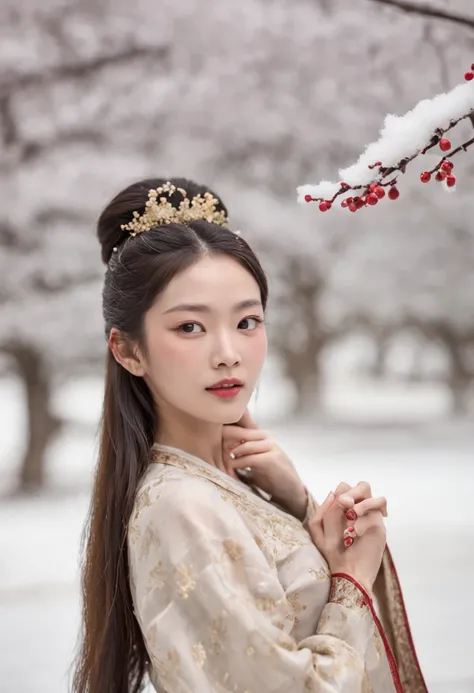 （Blurred foreground：A large number of snowflakes fell from the sky：1.8，），（Chinese Song Dynasty beauty dancing in skirt），（anatomy correct，Korean star face，The hands and face are very delicate and clear），（Stand in the middle of a quaint courtyard，Plum tree，C...