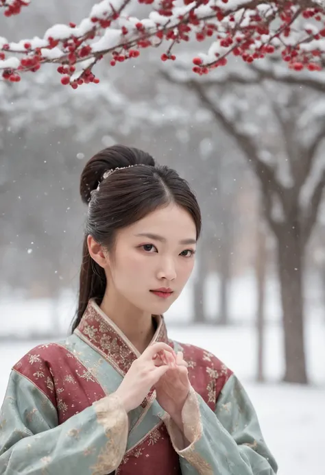 （Blurred foreground：A large number of snowflakes fell from the sky：1.8，），（Chinese Song Dynasty beauty dancing in skirt），（anatomy correct，Korean star face，The hands and face are very delicate and clear），（Stand in the middle of a quaint courtyard，Plum tree，C...