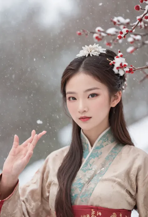 （Blurred foreground：A large number of snowflakes fell from the sky：1.8，），（Chinese Song Dynasty beauty dancing in skirt），（anatomy correct，Korean star face，The hands and face are very delicate and clear），（Stand in the middle of a quaint courtyard，Plum tree，C...