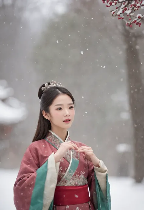 （Blurred foreground：A large number of snowflakes fell from the sky：1.8，），（Chinese Song Dynasty beauty dancing in skirt），（anatomy correct，Korean star face，The hands and face are very delicate and clear），（Stand in the middle of a quaint courtyard，Plum tree，C...