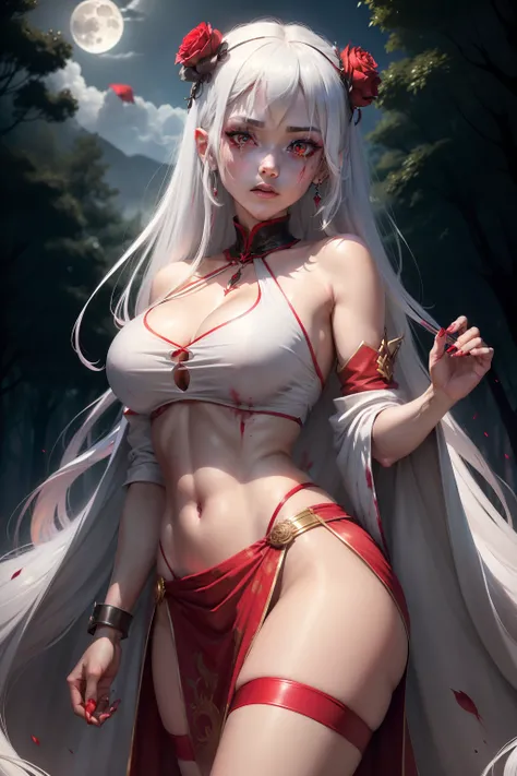 Kizi, (goddes:1.4), White hair, (red color eyes), Glowing eyes, Pupil of the slit, (Blood, blood spatter), Crop top, cleavage, Superskirt，鎖骨, parted lip, Makeup, Blush, Reflection, full moon, Moonlight, Rose, Castle,ln the forest