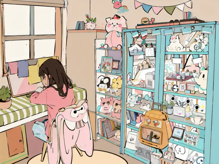 A cartoon of a girl in a room with a lot of stuffed animals, kawaii aesthetic, in her room, Soft anime illustration, busy room, color spread, sitting in her room, cute room, lofi-girl, Japanese kawaii style, animeaesthetic, Girls room, cute illustration, k...