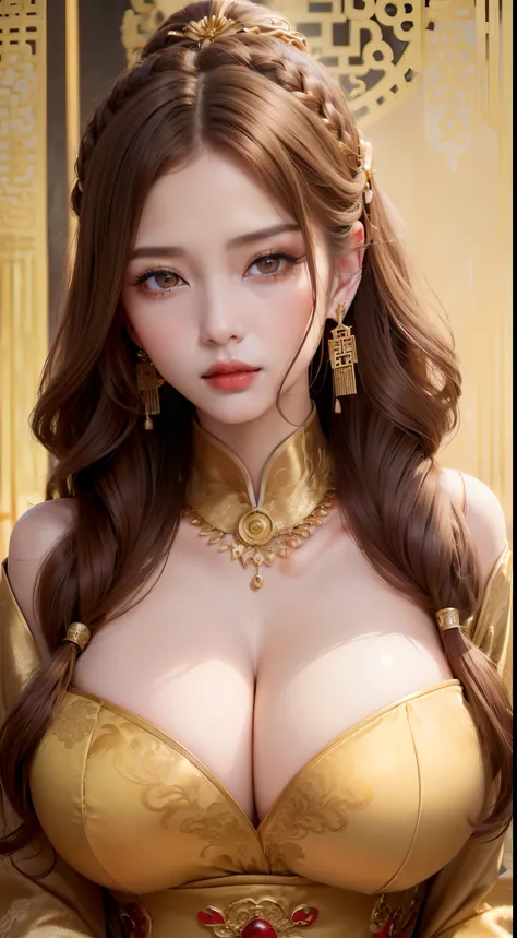 Female((30year old)), hair((long, wavy, gold brown)), eyes((smart eyes, gren eyes contact)), ((Chinesse traditional clothes, gold)), accessories ((Chinesse hairpin, necklace, earrings)), big boobs: 1.3, gigantic breast:1.2, korean make-up look, red lips, C...