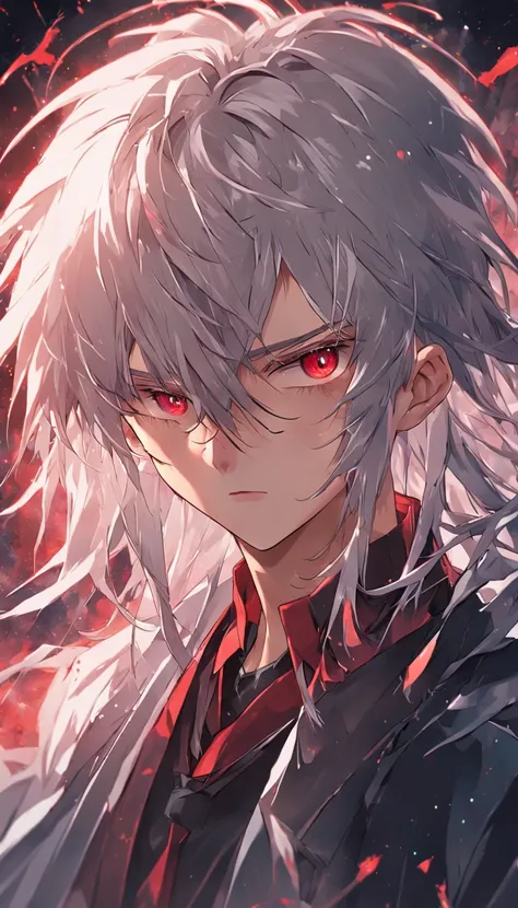 male people，((Masterpiece)), ((Best quality)), Ultra detailed,((illustration)), Dynamic Angle, Detailed light, (Delicate eyes), 1boy, Male focus, white hair, very long hair, red eyes, mysterious storyline, Vibrant colors, Clear Lines, High Sharpness, Detai...