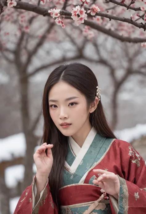 （Blurred foreground：A large number of plum blossoms and snow fell from the sky：1.8，），（Chinese Song Dynasty beauty skirts dancing），（anatomy correct，Korean star face，The hands and face are very delicate and clear），（Stand in the middle of a quaint courtyard，P...